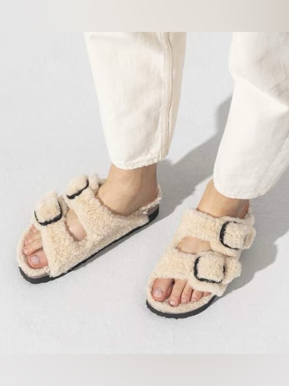 Birkenstock Arizona Big Buckle Shearling Teddy Eggshell Sheepskin 38 7 7.5 - Picture 2 of 7